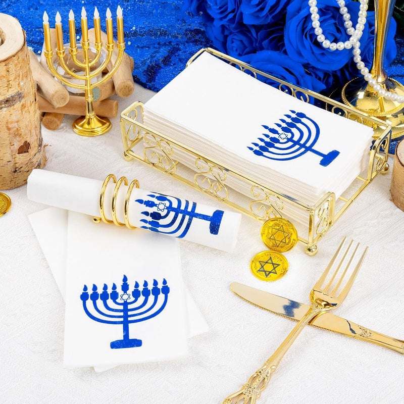 Joyido 50 Pack Hanukkah Napkins - Blue and White Paper Napkins - Heavy Duty Cloth-Like Feel Napkin with Menorah Candles - Disposable Hand Towels for Kitchen Table Bathroom Holiday Decor - Image 2